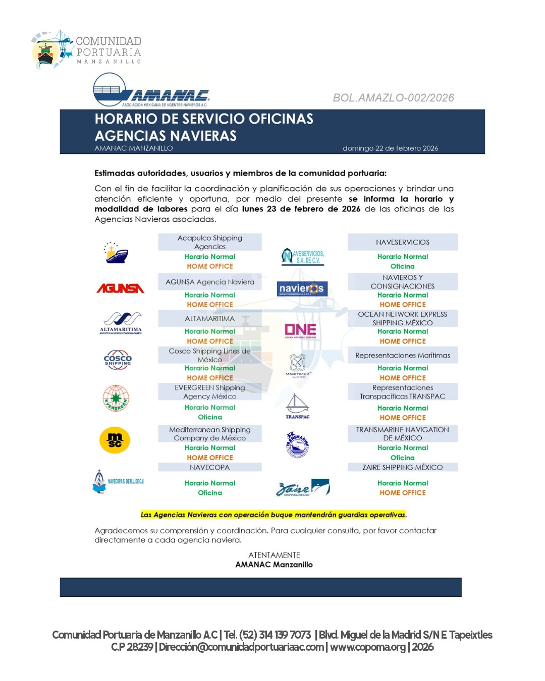 Copoma Comunicado Horario De Servicio Amanac