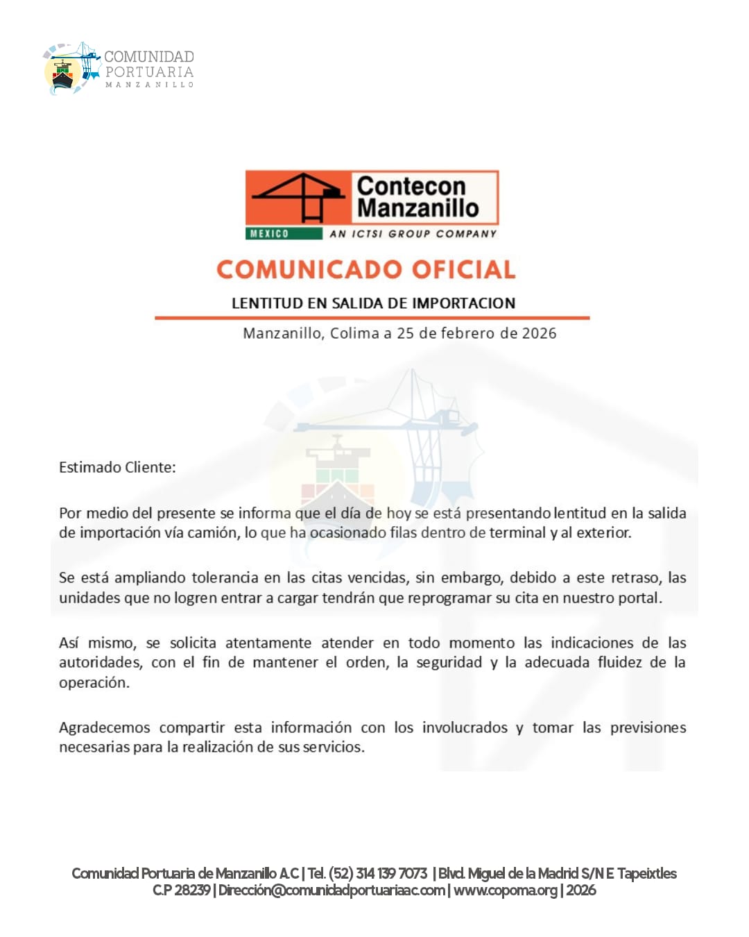 Copoma Informa Lentitud En Salida Cotecon